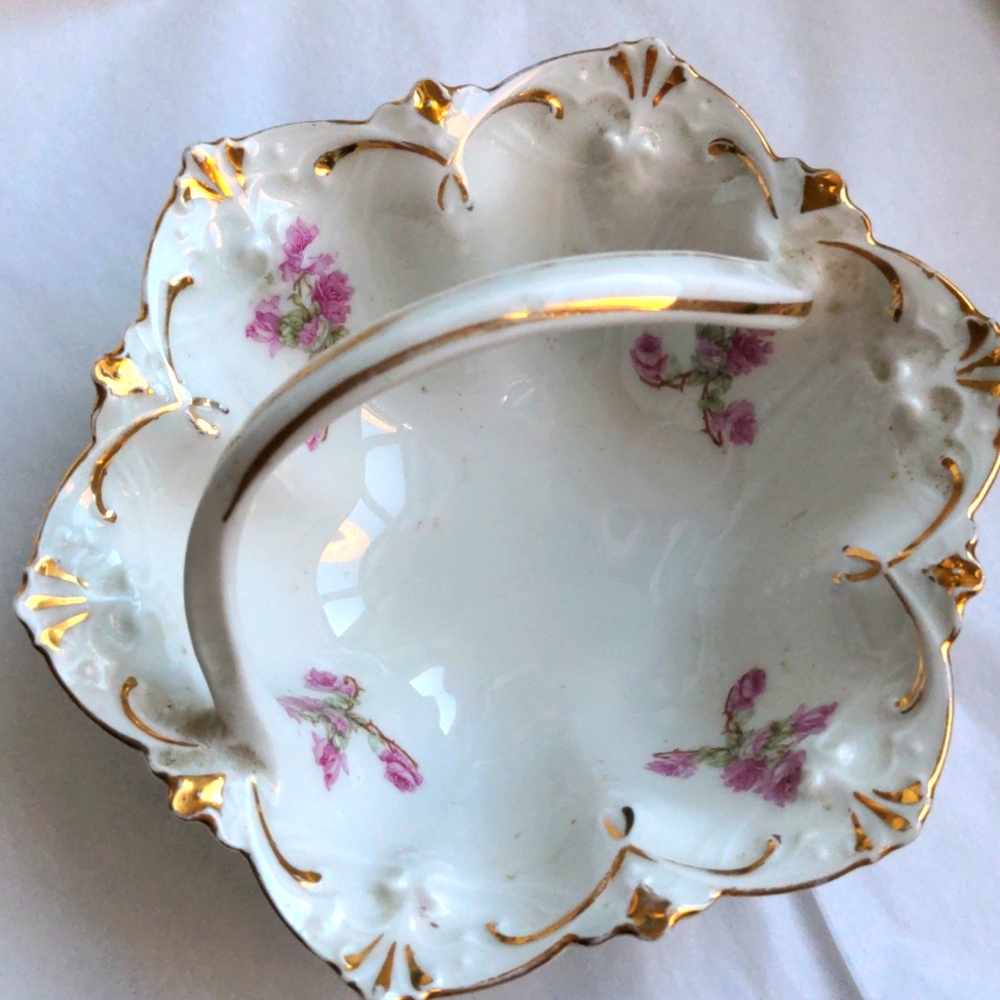 Antique Candy, trinket dish.  Handpainted porcelain  5+", gold trim  floral
